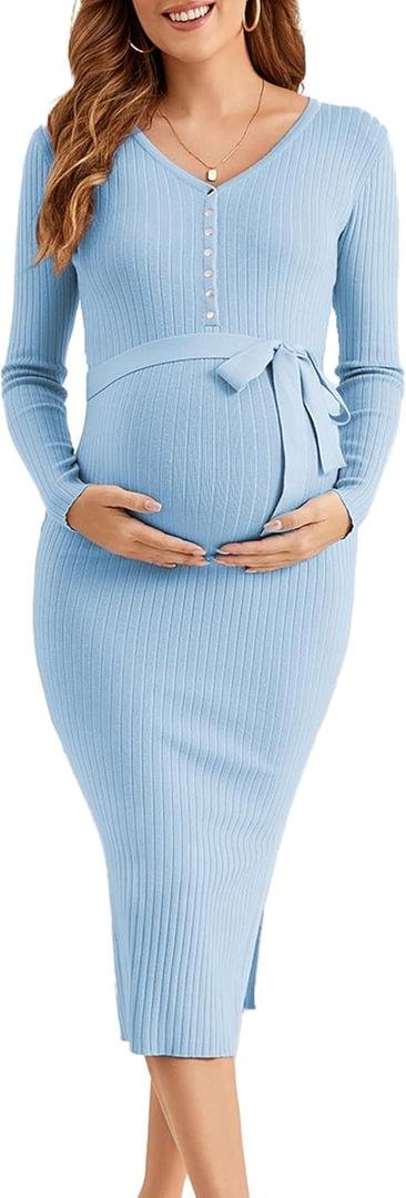 Ecavus Women's Winter Maternity Sweater Dress Long Sleeve V Neck Slim Fit Ribbed Knit Midi Bodycon Dresses with Belt (Large, Blue)