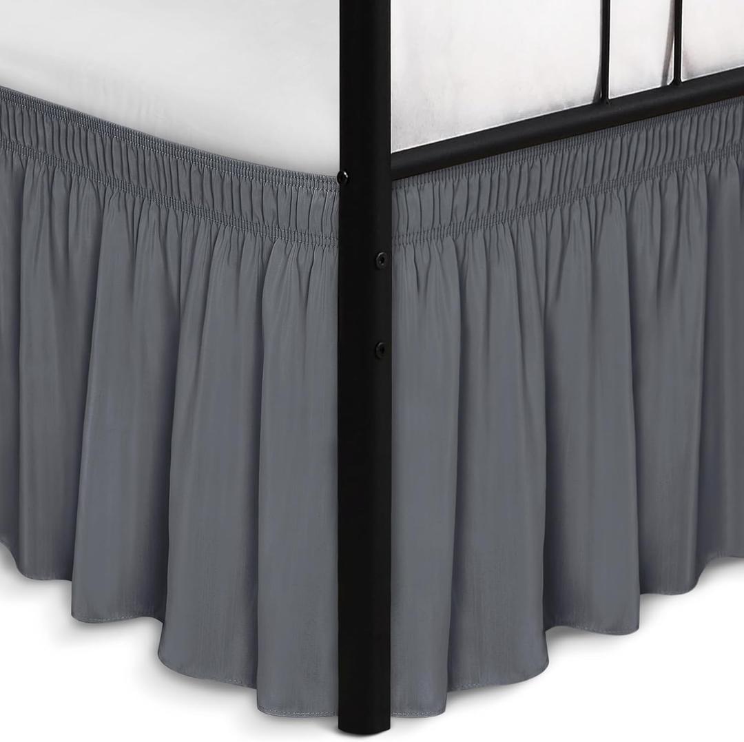 Biscaynebay Wrap Around Bed Skirts with Split Corners for Queen Beds 15" Drop, Dark Grey Adjustable Elastic Dust Ruffles Easy Fit Wrinkle Resistant Silky Luxurious Fabric Machine Washable