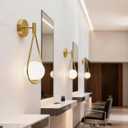Mid-Century Modern Wall Sconces Set of 2, Gold Wall Sconce with Milky White Glass Globe Shade, Brushed Brass Globe Wall Light for Bathroom Bedroom Hallway