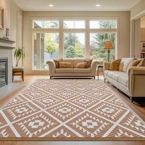 COOLTOP 9'x12’ Outdoor Rug for Patios Porches, Waterproof Plastic Camping Rugs, Modern Reversible Mat, Large Area Rugs for Backyard, Deck, RV, Balcony, Picnic, Beach, Khaki & White