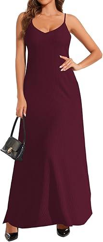 PaladMom Women's Summer Casual Sundress Sleeveless Maxi Dress Plus Size Loose Stripes Long Dresses with Pockets Large, Wine Red