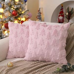 DFXSZ Christmas Tree Pillow Covers 18x18 inch Set of 1 Christmas Decoration Pink Soft Plush Faux Fur Jacquard Throw Pillows for Bedroom Sofa Holiday Festivals Winter Home Decor PTK006D18