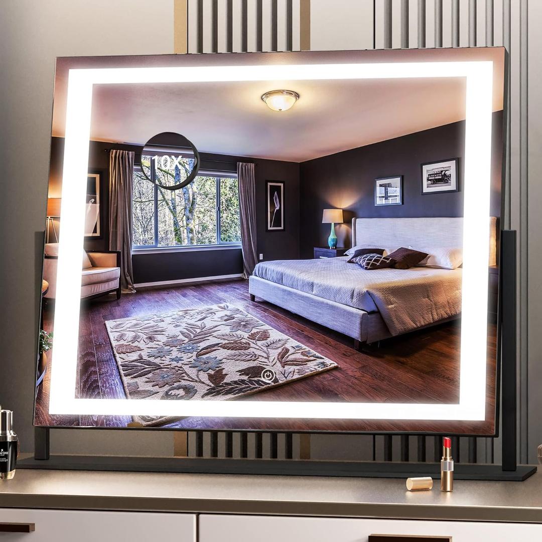 Hasipu Vanity Mirror with Lights, 24.2" x 19.7" LED Makeup Mirror, Light up Mirror with 10X Magnification, Smart Touch 3 Colors Dimmable, 360 Rotation (Right Angle Black)