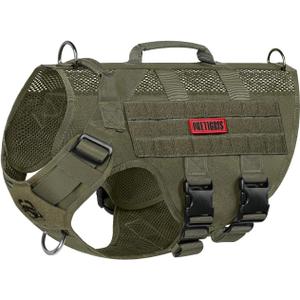 OneTigris No Pull Tactical Dog Mesh Harness for Medium Dogs, Aire Mesh Breathable Military Dog Molle Vests with Handles, Service Dog Vest Harness for Walking Hiking Training Green