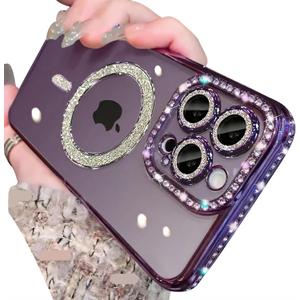 Magnetic Glitter Diamond for iPhone 14 Pro Max Case[Compatible with MagSafe]Sparkle Rhinestone Camera Lens Protector Plated,Crtstal Clear Slim Military Drop Shockproof Cover for Women,Purple