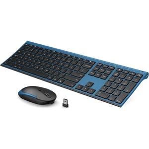 Wireless Keyboard and Mouse, Vssoplor 2.4GHz Rechargeable Quiet Full-Size Keyboard and Mouse Combo with Nano USB Receiver for Windows, Laptop, PC, Notebook-Black and Blue (Sapphire Blue)
