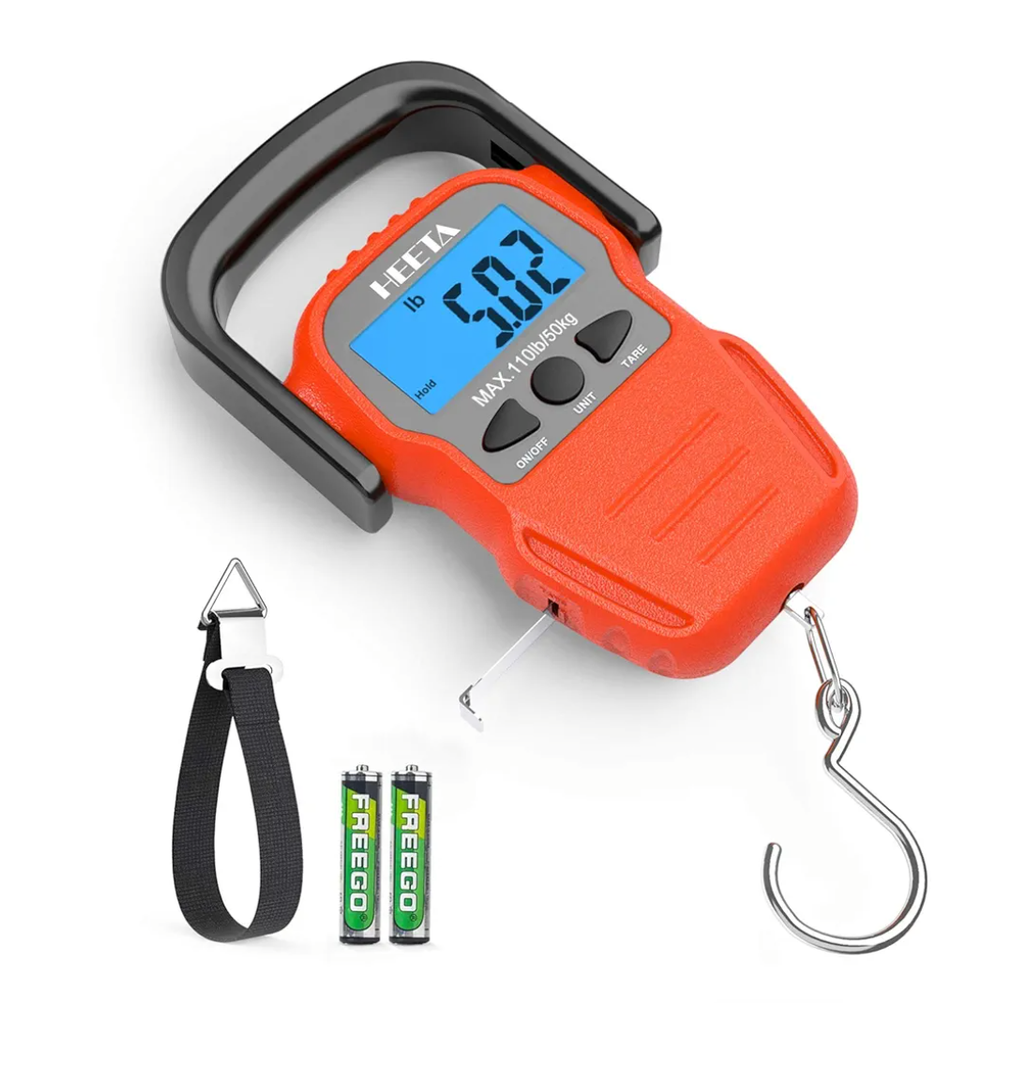 HEETA Fish Scale with Backlit LCD Display, Up to 110lb/50kg Digital Portable Hanging Fish Weight Scale with Hook & Measuring Tape for Home, Farm, Outdoor, Hunting, Fishing, 2 AAA Batteries Included