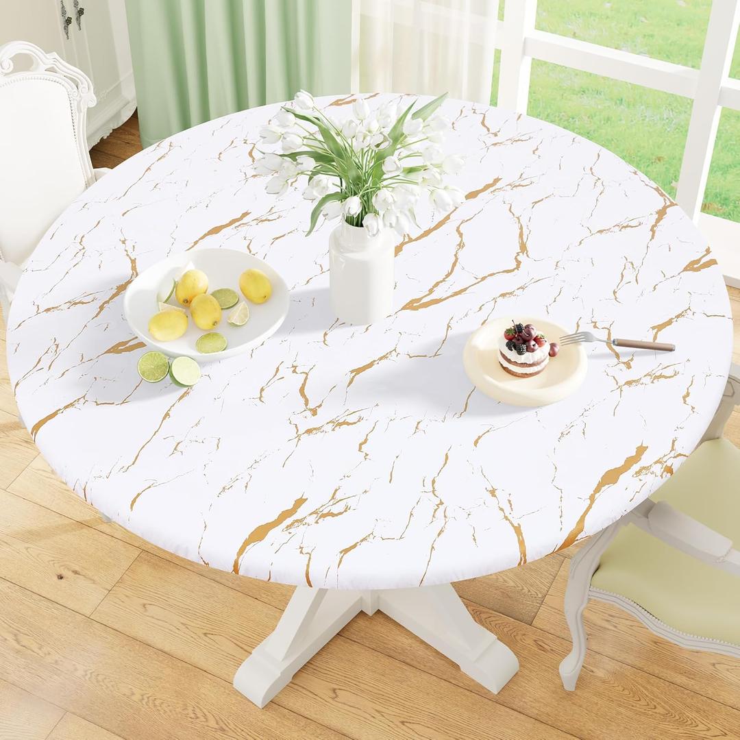 Misaya Round Fitted Tablecloth with Elastic Edge, Waterproof Oil Proof Plastic Table Cover, Vinyl Flannel Backed Tablecloth Fits 45"-56" Round Tables for Dinner, Outdoor, Picnic, White Gold Marble