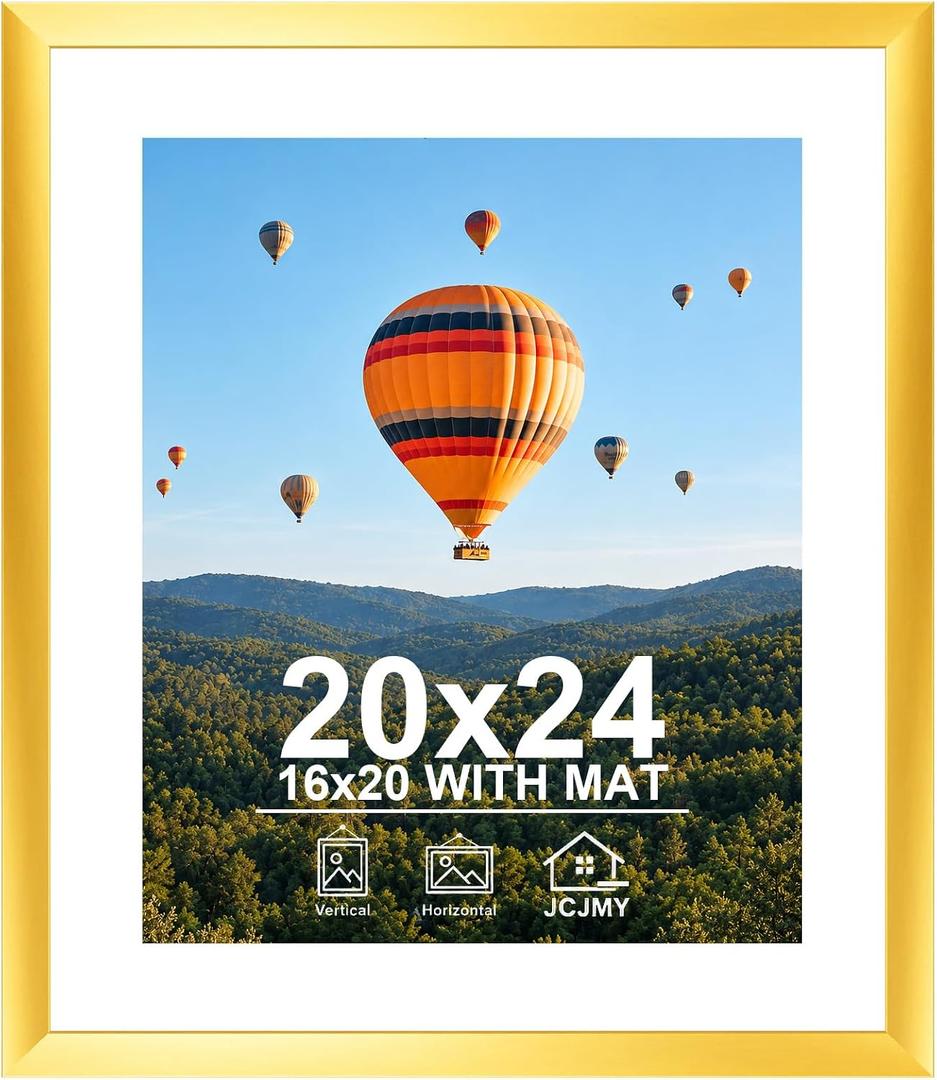 JCJMY 20x24 Picture Frame with 16x20 Mat, Display Photo 16x20 with Mat or 20 x 24 Without Mat, Wall Hanging Large 20 by 24 Poster Frame with Plexiglass, Gold