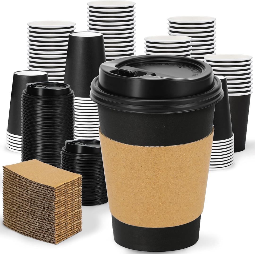 100 Pack 12 oz Disposable Paper Coffee Cups with Lids and Sleeves, Leak-free Disposable Insulated Paper Cups for To Go Hot or Cold Beverages(Black)
