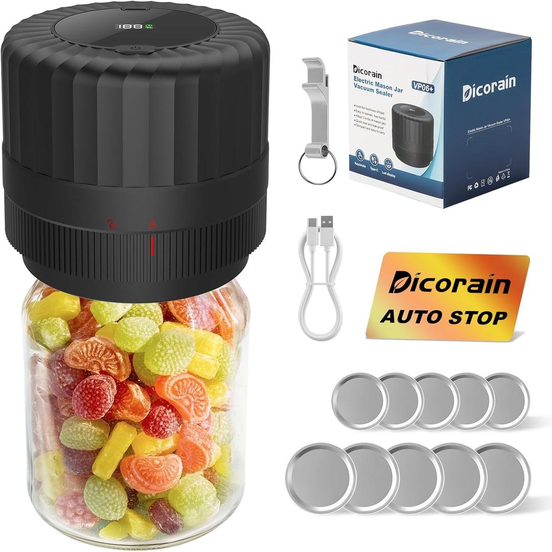 Electric-Mason-Jar-Vacuum-Sealer, Automatic Wide Mouth and Regular Mouth Mason Jar Vacuum Sealer Kit, VP06+ Vaccum Sealer for Jars with Opener & 5 Pairs of Lids (Black)