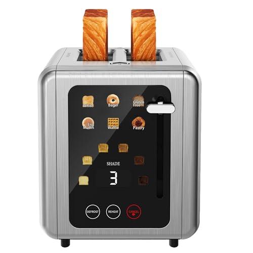 WUNLY Touch screen Toasters 2 slice, Stainless Steel Digital Timer Toaster with Sound Function, 6 Bread Types & 6 Shade Settings, Smart Extra Wide Slots Toaster with Bagel, Defrost Functions,Platinum