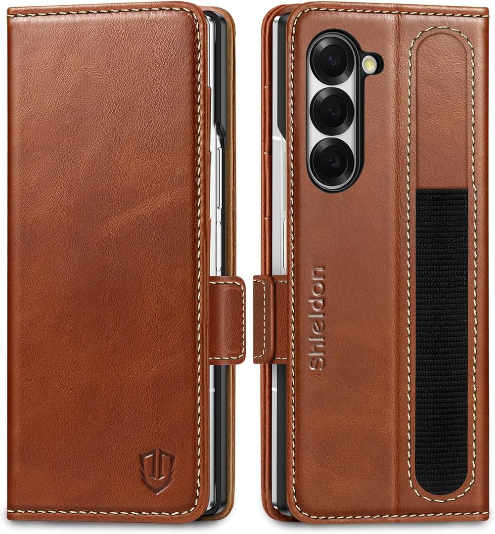 SHIELDON Wallet Case for Galaxy Z Fold6 2024, Genuine Leather Folio Case with S Pen Holder, Stand Function, RFID Blocking Card Slot Shock-Absorbent Compatible with Galaxy Z Fold 6 5G - Retro Brown
