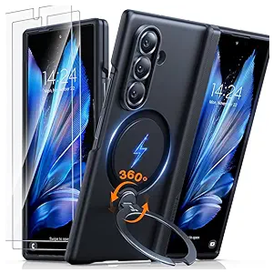 TORRAS 360 Spin Magnetic Stand for Galaxy Z Fold 7 Case, MIL-Grade Hinge Protection, Fit for Magsafe, 360 Kickstand & Ring Holder, Armor Hard Slim Case for Samsung Galaxy Z Fold 7, Black