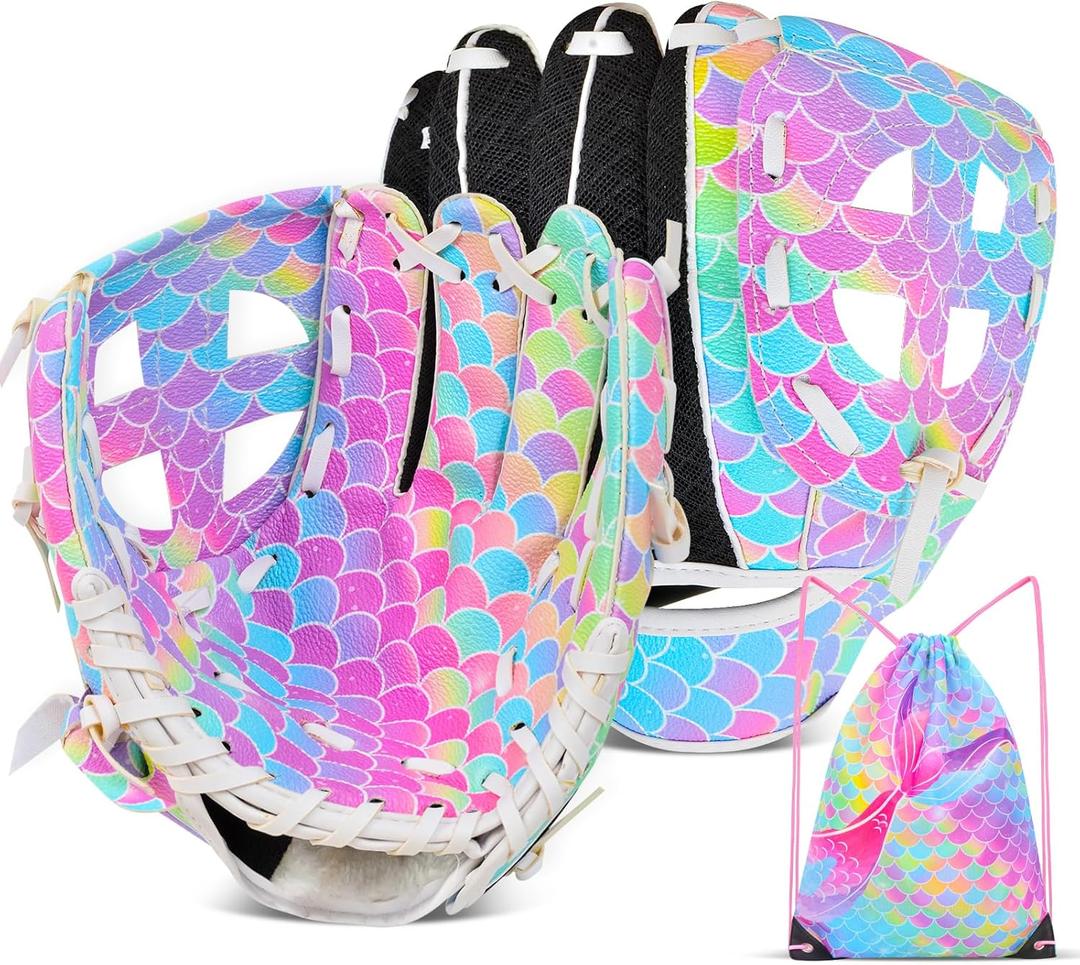 Kids Baseball Glove,Softball Gloves,Baseball Softball Mitt for Kids Girls Toddlers, Tee Ball Glove for Training and Beginner Play, Left Hand Glove, Right Hand Throw (9", Rainbow Mermaid)