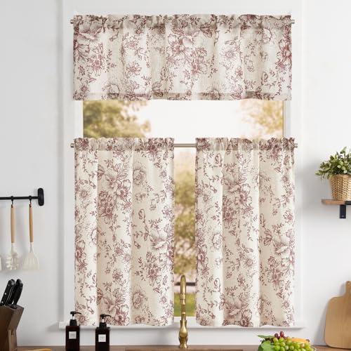 jinchan Floral Kitchen Curtains Set Linen Tier Curtains and Valance Farmhouse Drapes for Small Windows 24 Inch Length for Cafe Living Room Bathroom Rod Pocket 3 Pieces Set Black on Linen