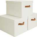 StorageWorks Storage Bins with Lids, Decorative Storage Boxes with Lid and PU Handles, Foldable Storage Baskets for Closet, Shelves, Stackable, Ivory, Jumbo, 3-Pack