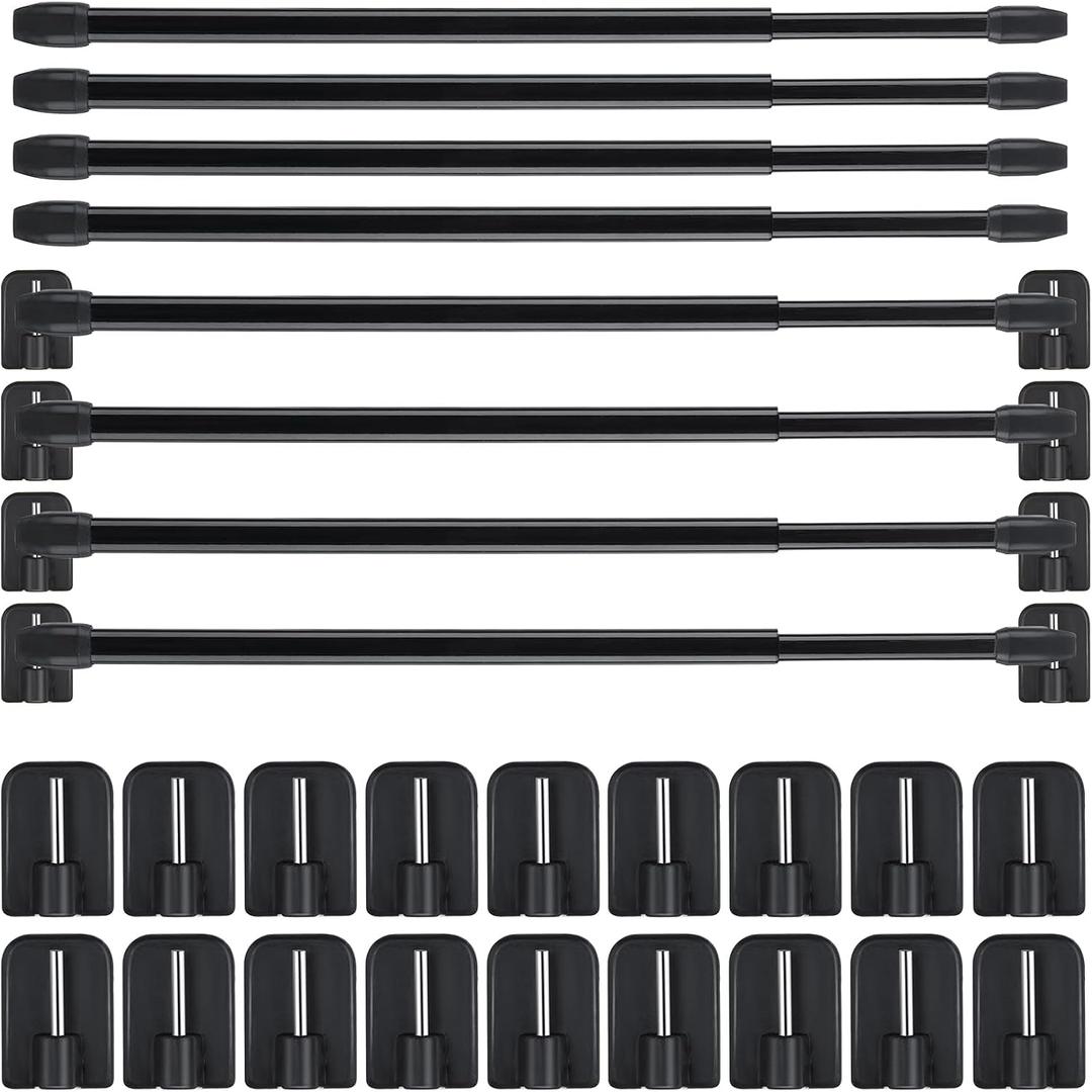 Jetec 8 Pieces Adjustable Plastic Net Curtain Rod 15.7-27.5 Inch Self Adhesive Shower Curtain Rods for Window Cupboard Bars Tension Drill Less Accessories for Home Bathroom Hotel (Black)
