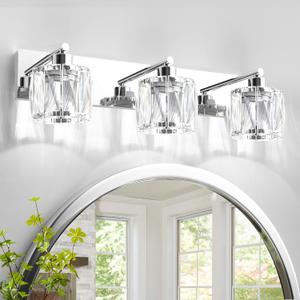 VOLISUN Crystal Vanity Lights for Bathroom, 3 Light Modern Stainless Steel Chrome Bathroom Vanity Light Fixture Over Mirror - UL Certificated (Bulb Not Included)