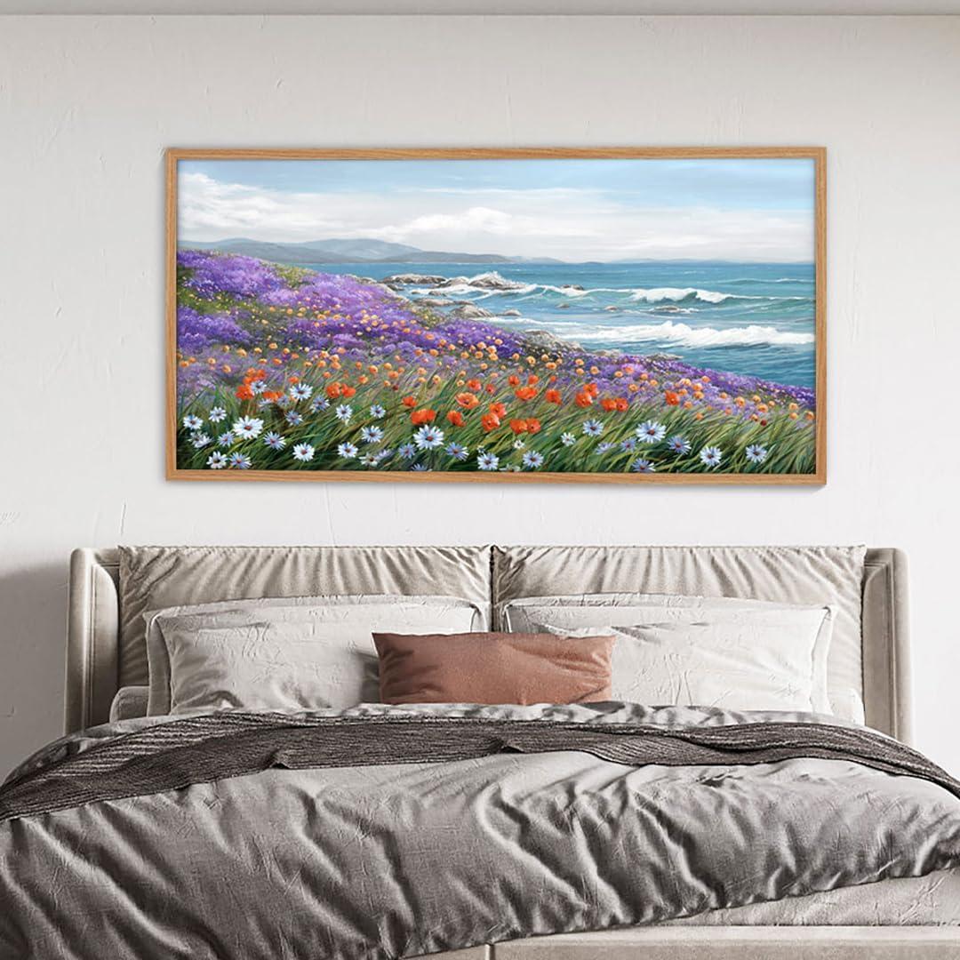 Seascape Painting Wall Art Coastal Picture for Living Room Retro Home Bedroom Decoration Modern Framed Artwork Decor 24x48