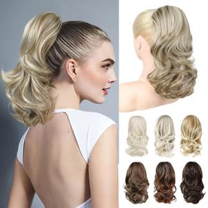 NTYNTY Ponytail Extension - 14" Claw Clip in Ponytail Hair Extensions Natural Soft Synthetic Layered Wavy Pony Tail Hair Pieces for Women - Ash Brown with Highlights