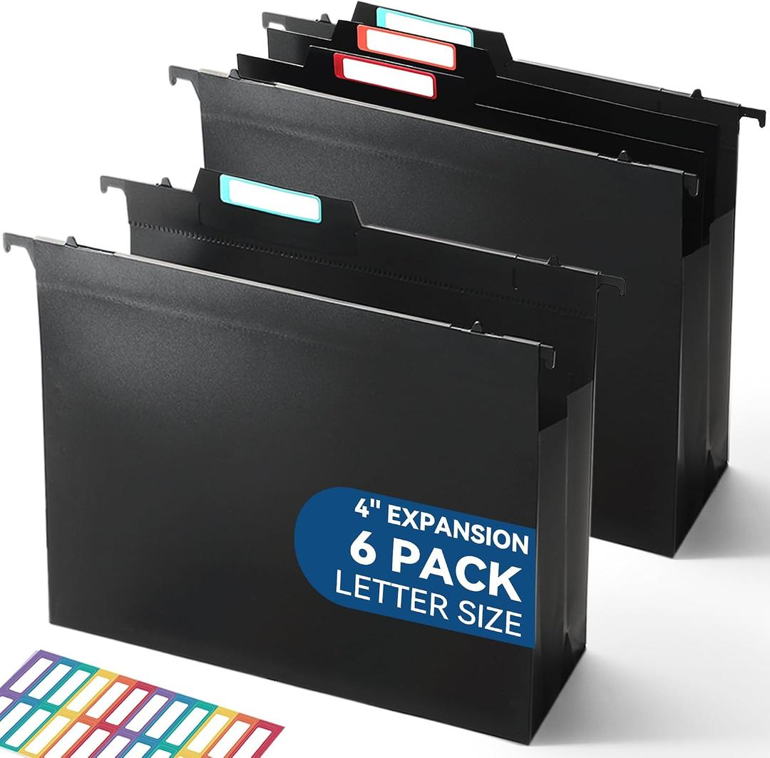 SortRax Plastic High Capacity Hanging File Folders, 4" Expansion for Bulky Documents, Side-Sealed Accordion Pocket, Supports Heavy Files, Letter Size, Movable Dividers, Insertable Tabs, 6 Pack
