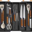 Lifewit Utensil Organizer for Kitchen Drawers, Expandable Cooking Utensil Tray, Adjustable Cutlery Silverware Flatware Holder, Plastic Kitchen Spatula Tools and Gadgets Storage Divider, Large, Black