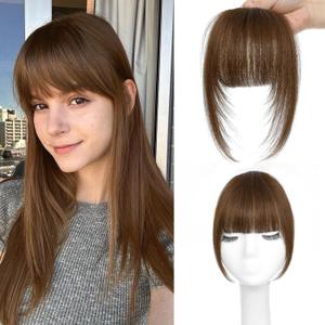Clip In Bangs 100% Human Hair French Bangs Hair Light Brown with Temples Real Human Hair Fake Bangs Extensions For Natural Hair