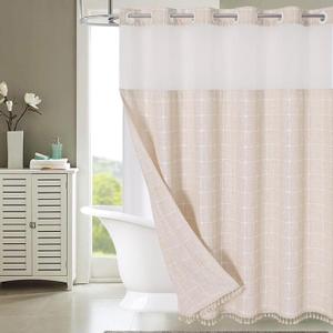 Muuyi Fabric Shower Curtains with Snap in Liner,No Hooks Needed,Tassels Shower Stalls Curtain with Window for Bathroom Decor,Waterproof & Washable,Beige,72Wx75H