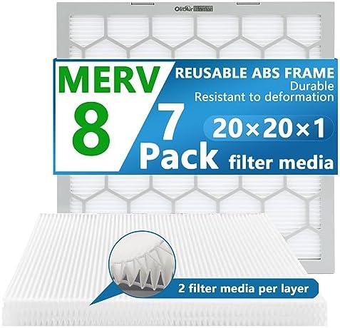 OlitAir 20x20x1 MERV 8 Air Filter, AC Furnace Air Filter, Reusable ABS Plastic Frame, 7 Pack Replaceable Filter Media (Actual Size: 19.61" x 19.61" x 0.78")