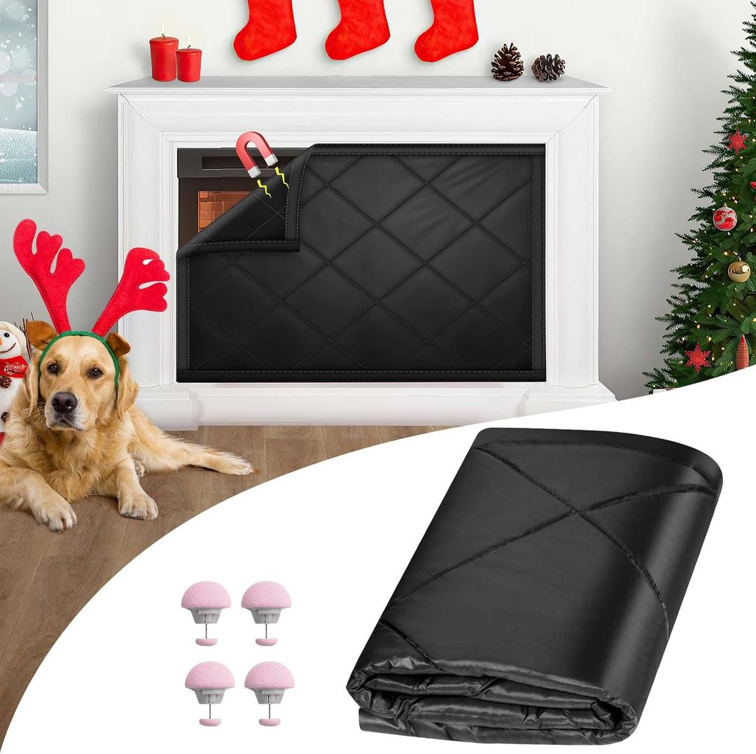 Magnetic Fireplace Draft Cover, Fireplace Blocker Blanket for Heat Loss, Indoor Fire Place Draft Stopper with 12 Magnets for Iron Frame Black 36" W x 26" H (36"x26")