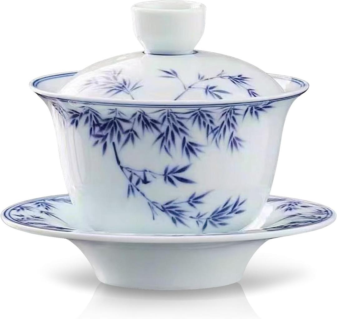 fanquare Gaiwan Chinese Tea Cup 6oz China Bamboo Style Porcelain Cover Bowl with Saucer Traditional Blue and White Tea Service for Dcor Home Tea Party