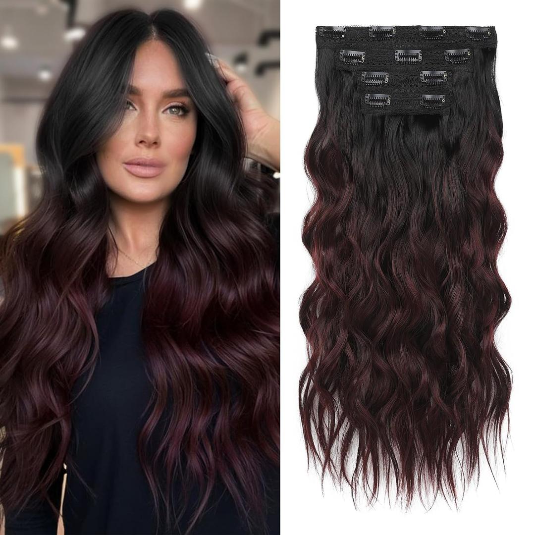 REECHO Clip in Hair Extensions, 4PCS Hair Extensions 24" Thick Long Beach Waves hair extensions HE003 Invisible Lace Weft Natural Soft Hairpieces for Women (Black to Burgundy Ombre)