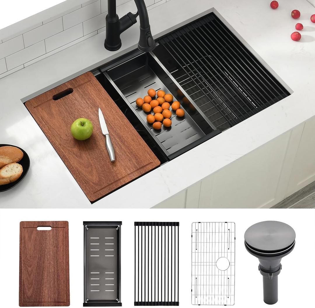 32 Undermount Kitchen Sink 32" x 19" Black Stainless Steel Kitchen Sinks 16 Gauge Single Bowl Ledge Workstation Handmade Under Counter Kitchen Sinks with Built-In Accessories