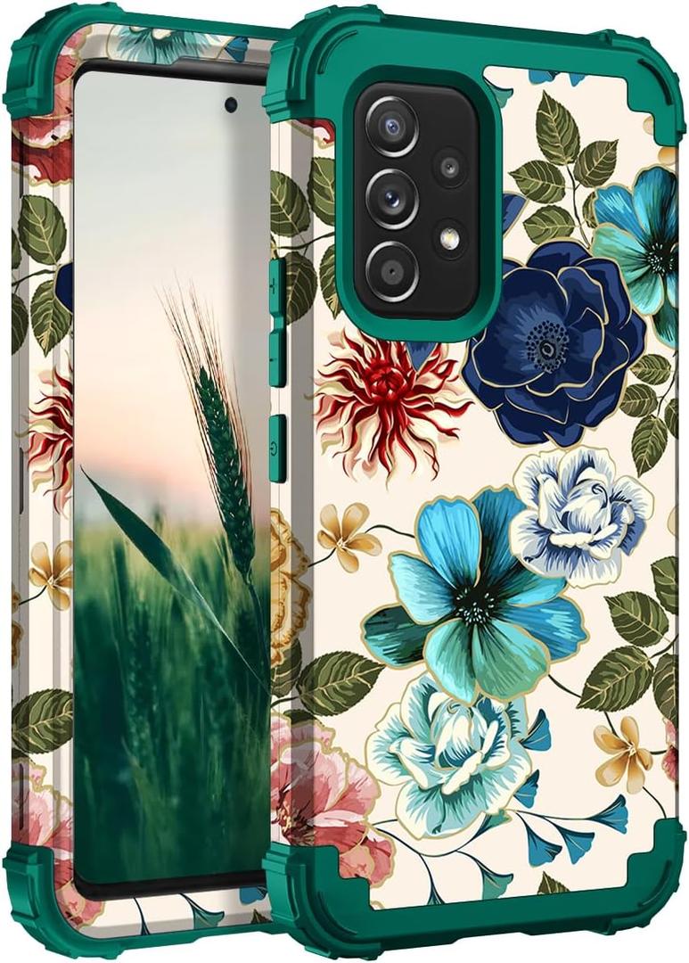 Hocase for Galaxy A53 5G Case, Heavy Duty Shockproof Protection Soft Silicone Rubber Bumper+Hard Plastic Hybrid Protective Case for Samsung Galaxy A53 5G (6.5" Display) 2022 - Teal Flowers