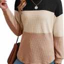 Dokotoo Womens Tops Casual Long Sleeve Waffle Knit Oversized Shirts Crewneck Color Block Pullover Sweatshirts (L)