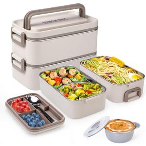 Bento Box Adult Lunch Box, Stackable 2 Layer 304 Stainless Steel Lunch Container for Adults Kids Office, 2L Capacity Portable Lunch Box Containers with Soup Bowl Spoon and Fork