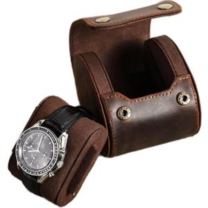 Leather Single Watch Case,Genuine Leather Vintage Watch Roll Travel Case for Storage Organizer Display (1 Slot)