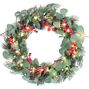 DN DECONATION 20 Inch Lighted Chirstmas Wreaths for Front Door, Artificial Winter Wreath with Lights, Eucalyptus Berry Wreath with Pine Cones for Indoor Outdoor Xmas Wreaths Home Decor