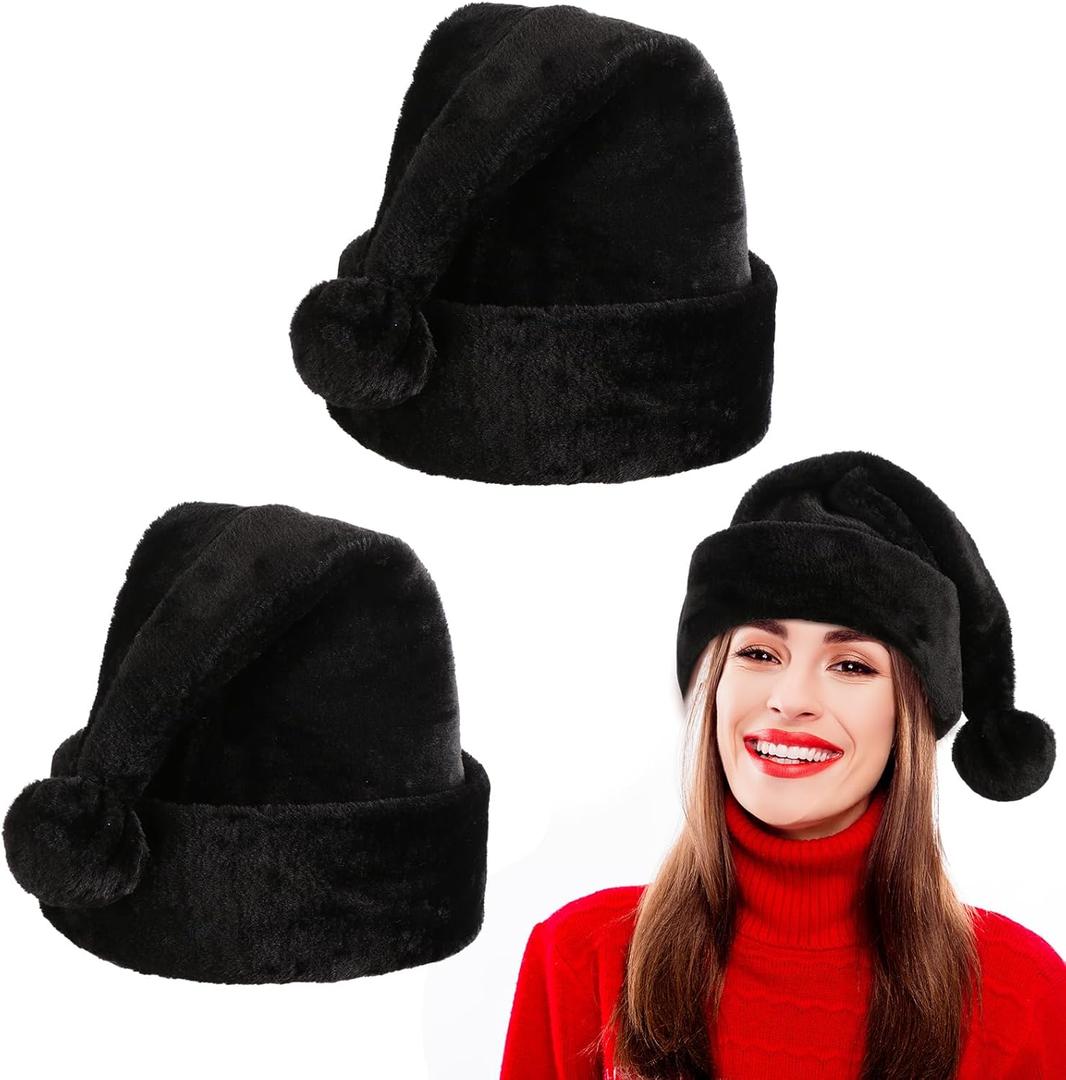 Eurzom 2 Pcs Christmas Santa Hat Furry Xmas Hat with Comfort Lining and Brim Large Unisex Plush Santa Cap for Women Men (Large Simple Style, Black)