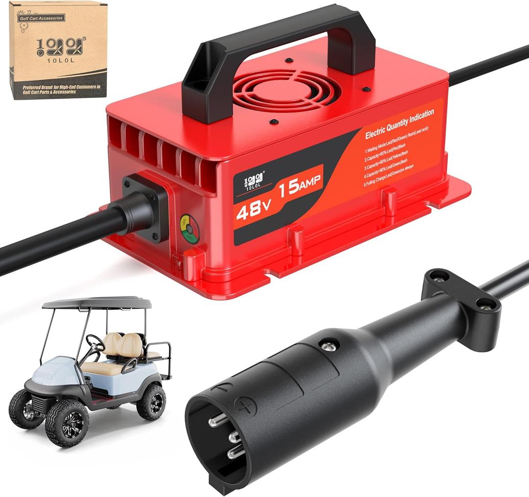 10L0L 48V 15A Golf Cart Rapid Charger for Club Car DS & Precedent, 3-Pin Plug with IP68 Waterproof, Auto Shut-Off, Smart Cooling, Aluminum Housing, Charging Indicator (Red)
