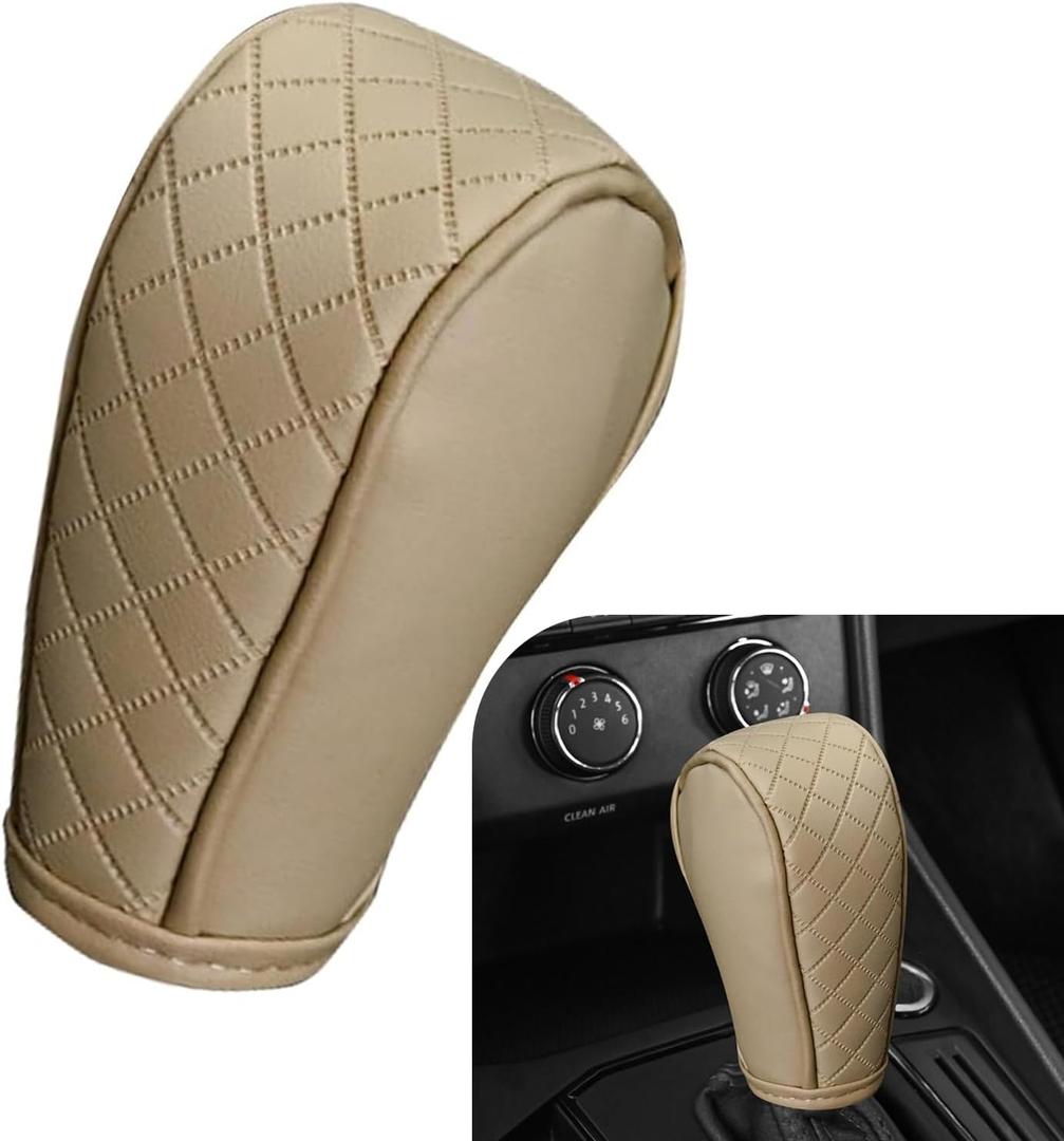 Car Gear Shift Cover, Upgraded Leather Shift Knob Cover, Anti-Slip Breathable Automotive Gear Shifter Decoration Protector, Universal for Most Cars SUVs Trucks (Beige)
