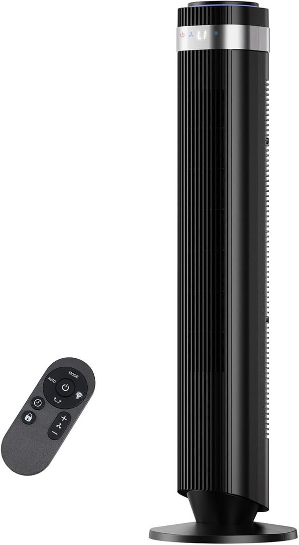 NEWBULIG Tower Fan for Bedroom, Oscillating Standing Bladeless Fan with Remote, 5 Speeds & 4 Modes, 28dB Quiet for Sleep, 22.3ft/s High Velocity, LED Display, 12H Timer, Office, Home, Dorm, Black