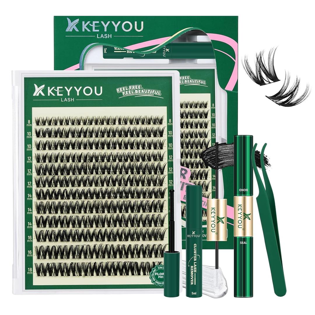 KEYYOU Flaunt Lash Clusters Kit Flora D Curl Natural Lashes 144pcs Lash Extension Kit 8-18mix Lash Clusters Fluffy Lashes with Ultra-Thin Soft Band with Remover Waterproof Bond and Seal(F01 Kit)