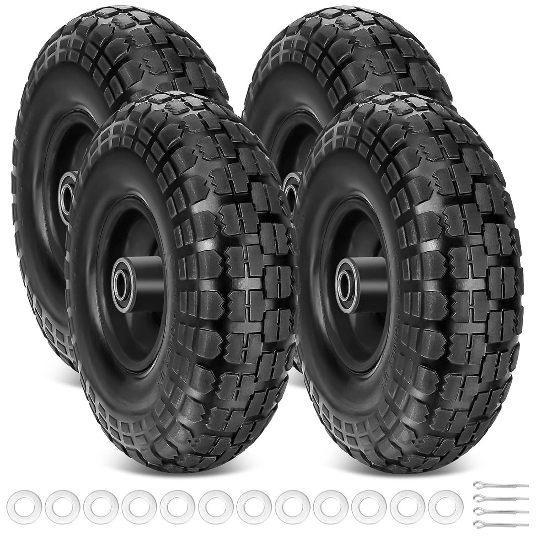 TICONN 10" Solid Tires, 4 Pack Flat Free 4.10/3.50-4'' Wheels with 5/8 Axle Bore Hole and Double Sealed Bearings (Black, 4PK)