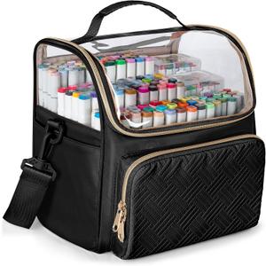 Large Marker Organizer Case for 180 Markers, Marker Storage Bag with Dividers and 4 Pockets for Paint Markers, Paint Brushes, Colored Pencils or Other Art Supplies, Black (Patented Design)