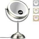 10X Magnifying Mirror with Light, Rechargeable 9" Lighted makeup mirror with magnification, 3 Color Modes, Adjustable Brightness, No Assembly Required, 360 Rotation Cosmetic Mirror, Pearl Nickel