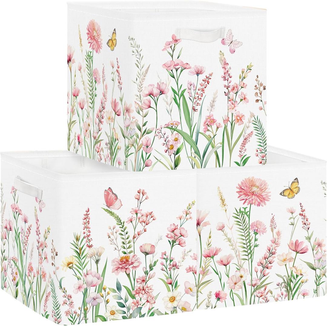 Clastyle Pink Wild Flower Kid Storage Basket Set Spring Butterfly Plants Foldable Closet Clothes Organizer Nursery Toddler Toy Bin Women Girl Book Shelf Basket, 11.8x11.8x11.8 in