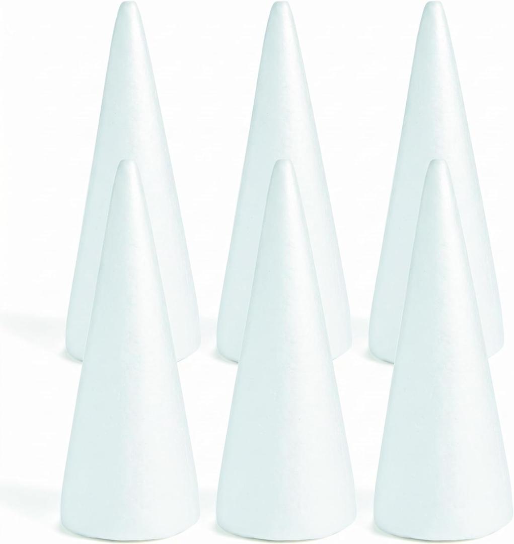 Fun Express Large White Foam Cones 12 Inch - Premium Styrofoam Craft Foam Shapes for DIY Christmas Trees, Centerpieces & Decorations | Set of 6 Polystyrene Cones for Arts and Crafts Projects