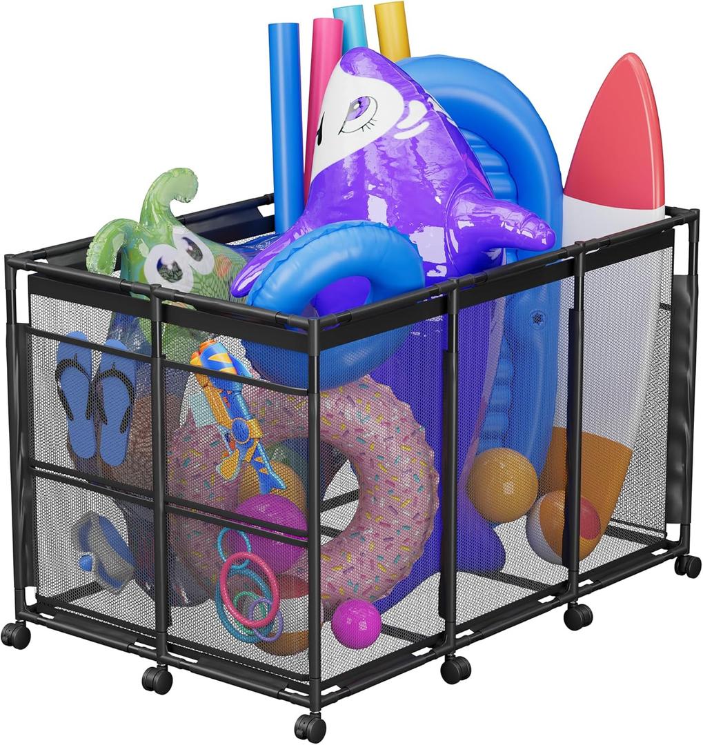POOLHOUR Pool Float Storage XXL Large Outdoor Pool Toy Storage Organizer for Pool Noodles, Toys, Floats, Balls, Equipment, Mesh Rolling Storage Organizer Bin, Black